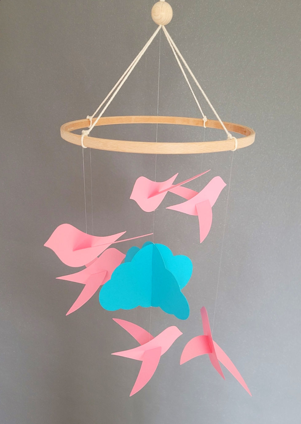 Miniature : Mobile pour bébé 6 Oiseaux et nuage sur cercle en bois 20x50cm