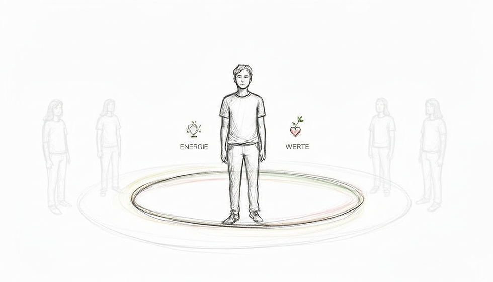 Ein Mann steht in einem Kreis, umgeben von blassen Gestalten. Symbole für Energie und Werte sind sichtbar.