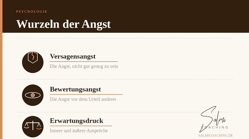 Auflistung der Wurzeln der Angst. Versagensangst - Bewertungsangst - Erwartungsdruck