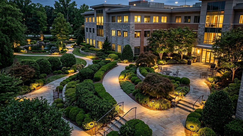 High angle view of a commercial property with professionally landscaped grounds including trimmed bushes and paved walkways