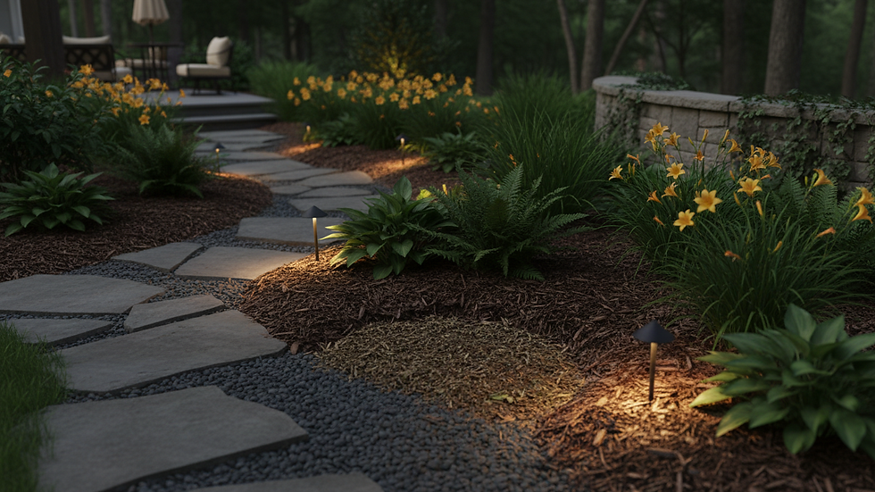 Eye-level view of a landscaped garden bed with mulch applied following the 3-3-3 rule