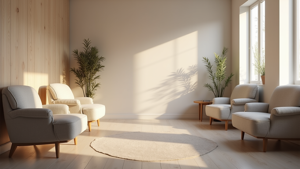 Eye-level view of a calm therapy room with comfortable chairs