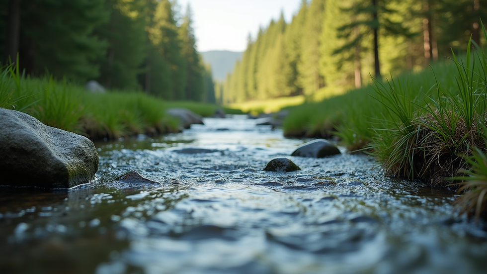 Eye-level view of a serene nature landscape with a flowing river