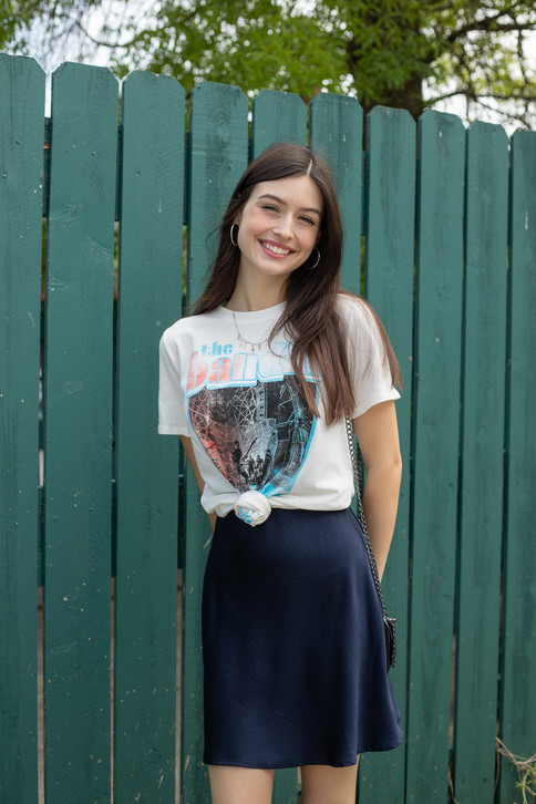 Band graphic tee over navy slip dress - Seventeen Stars boutique.