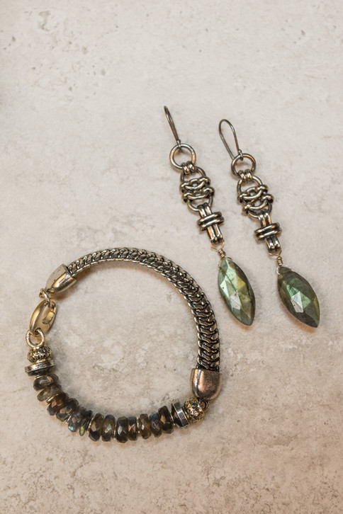 Labradorite handmade earrings and bracelet from Seventeen Stars.