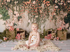 Milestone Portrait in Defuniak Springs Studio spring themed backdrop little girl on boho rug