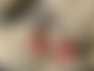 Red Jasper earrings with black and red striped beaded baskets hanging from a tree stump.