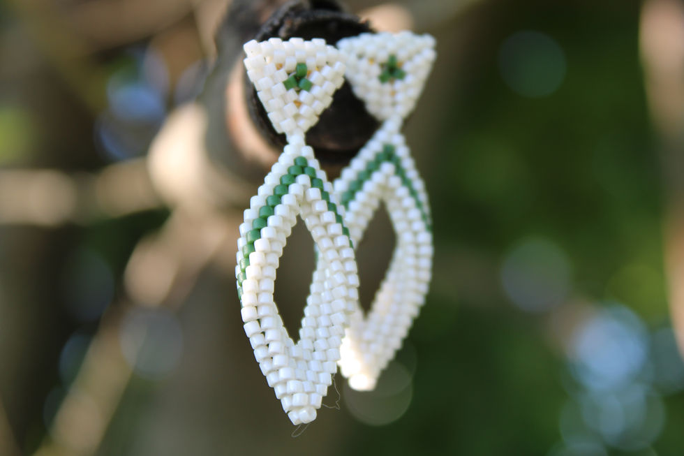 Close up shot of the green and white earrings with a blurred background