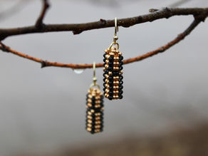 Two black and gold earrings hanging from a dripping branch