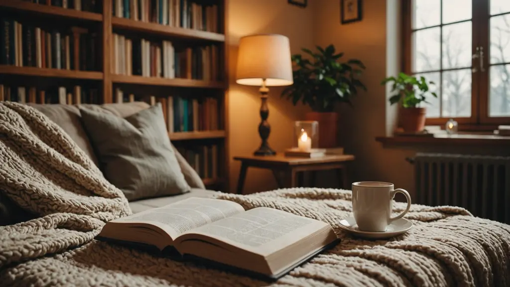 Eye-level view of a cozy reading nook with a book and blanket