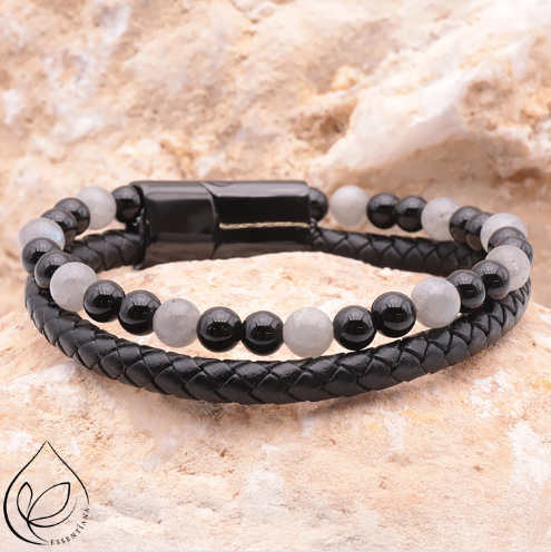 Miniature : 🖤 Bracelet ASKA cuir noir Labradorite, Onyx A 🖤