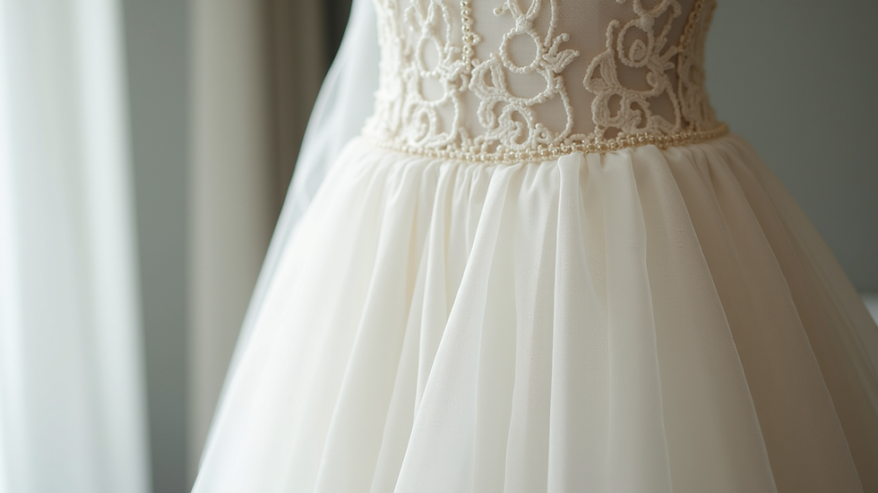 Close-up view of a wedding dress fabric and lace details