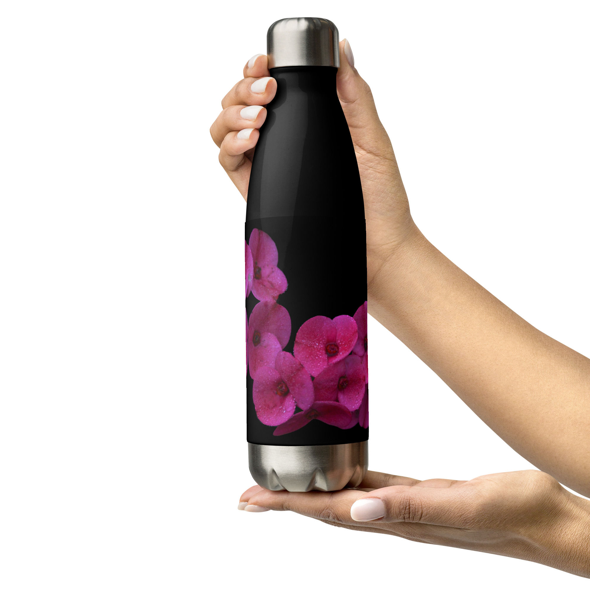Stainless steel water bottle Magenta flower with blacked out background
