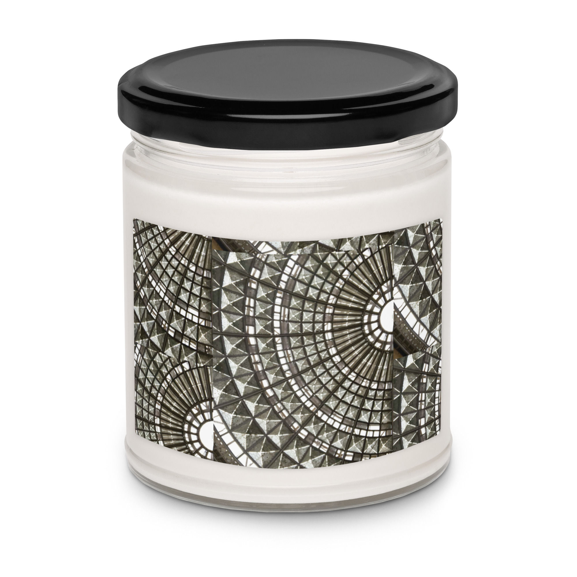 Scented soy candle with a black and white abstract design