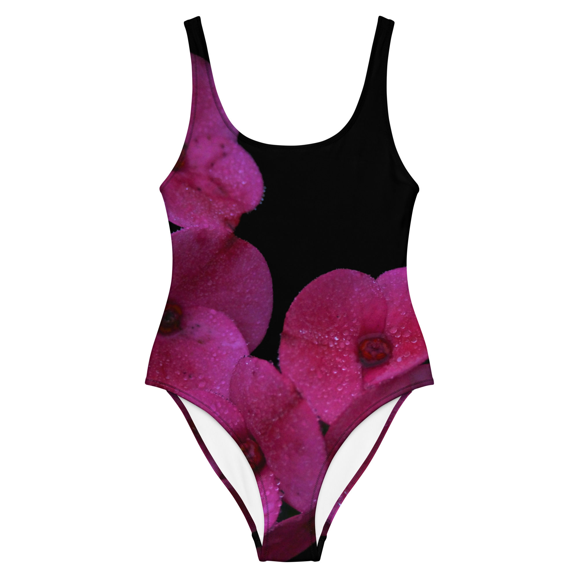 One-Piece Swimsuit Magenta flower with blacked out background