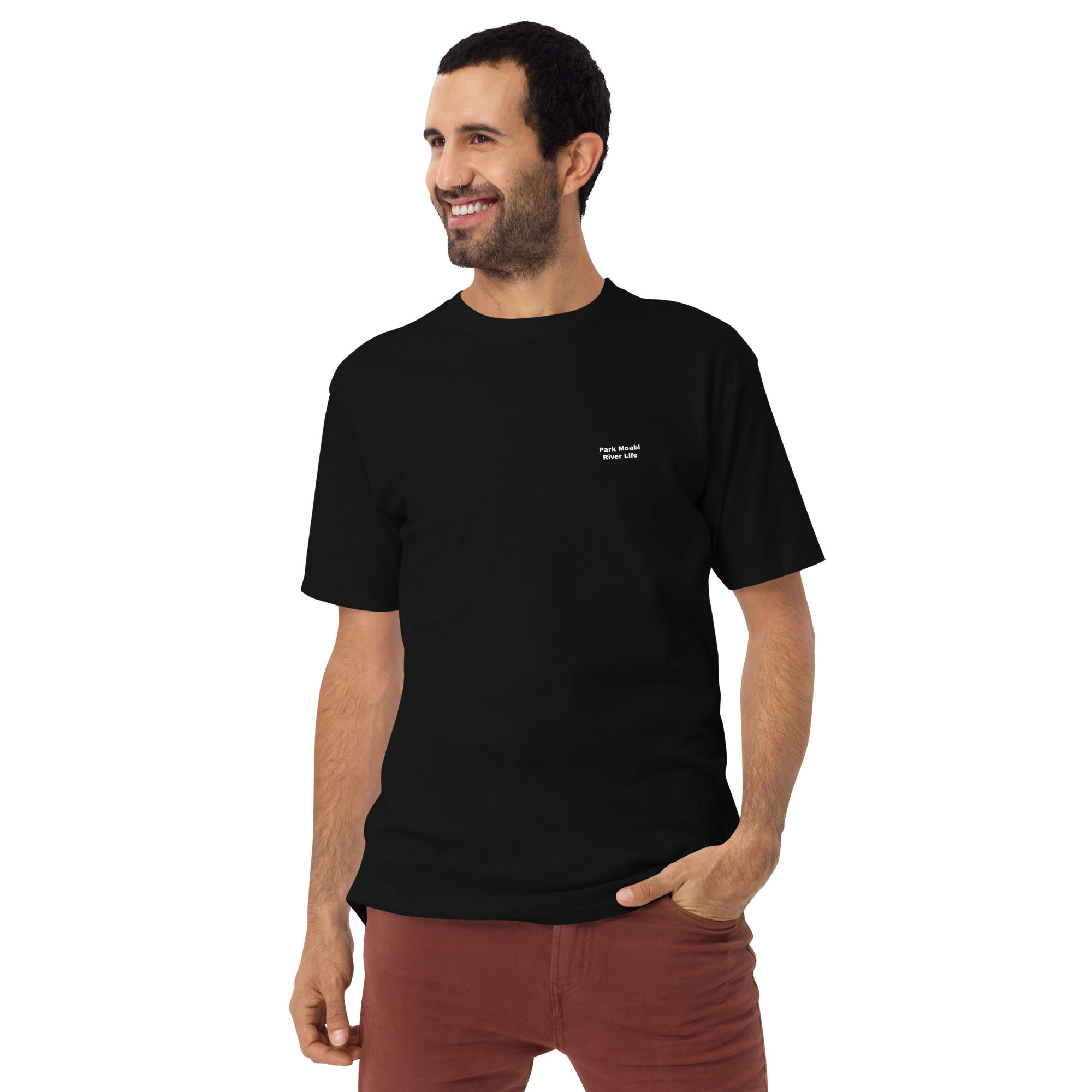 Men’s premium heavyweight tee Park Moabi-River Life B&W tree on back