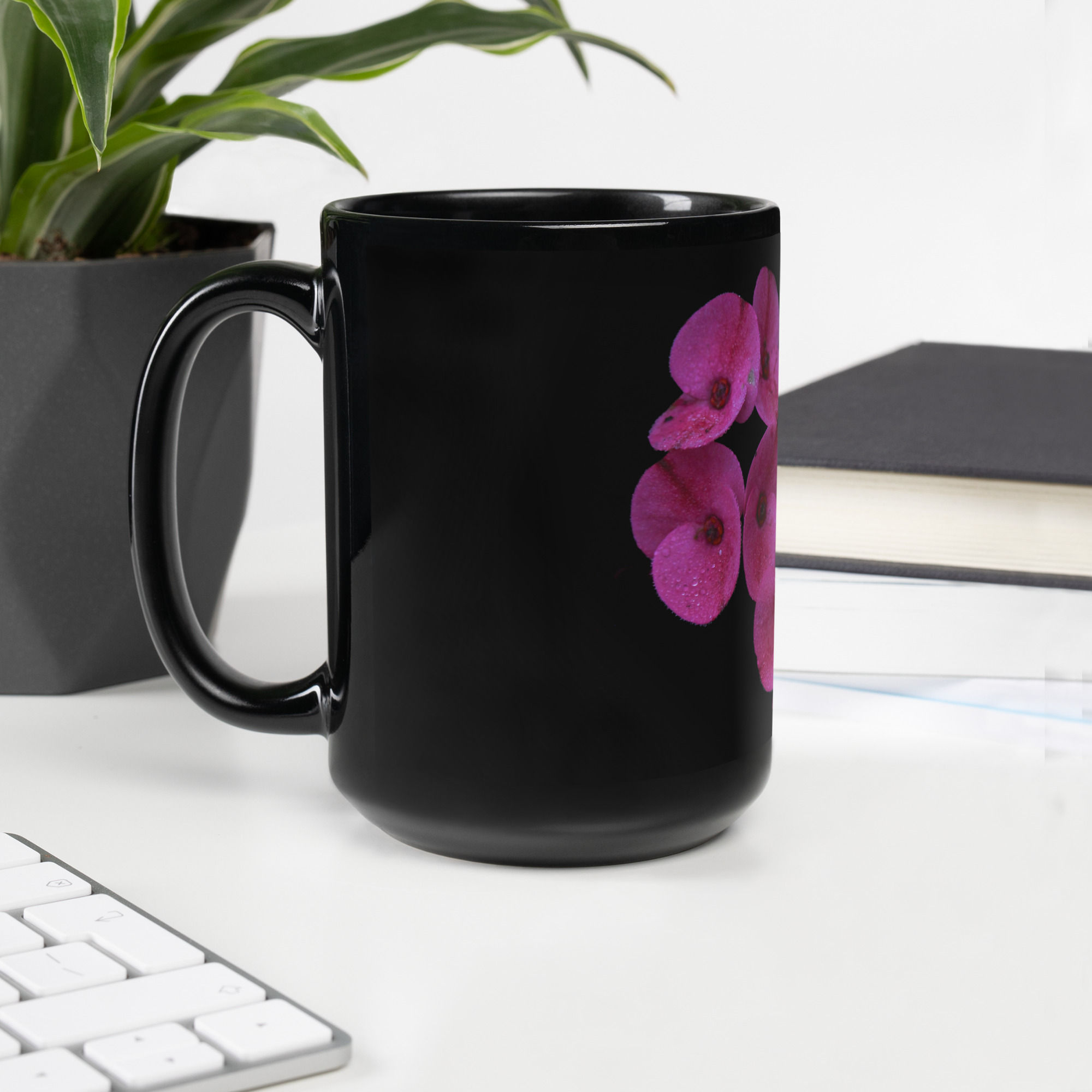 Black Glossy Mug Magenta flower with blacked out background