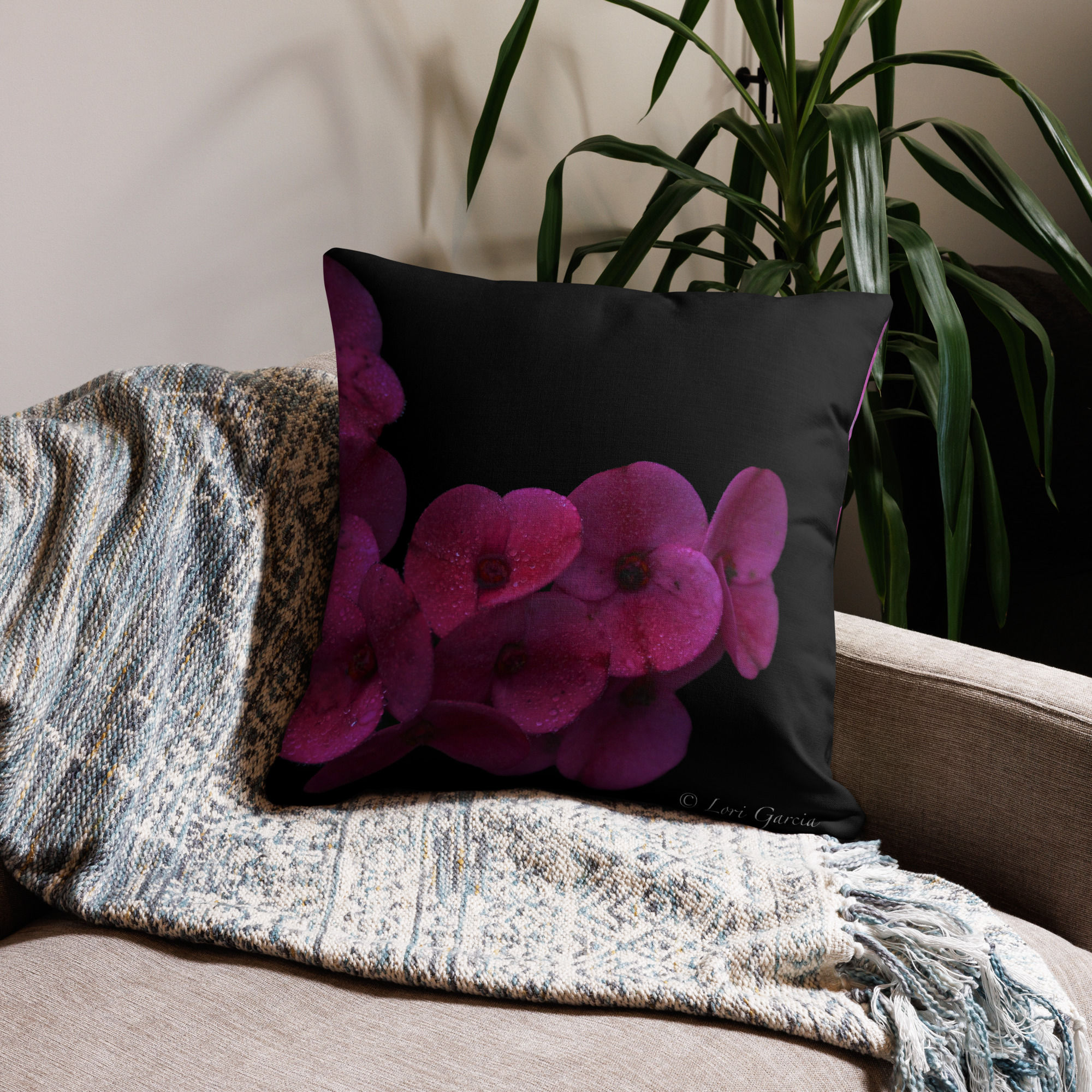 Premium Pillow Magenta Flower with blacked out background