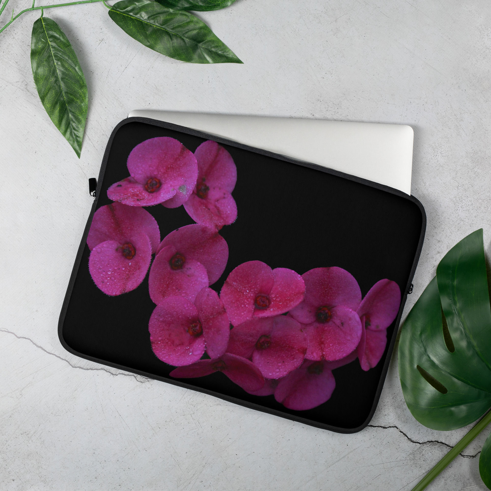 Laptop Sleeve Magenta flower with blacked out background