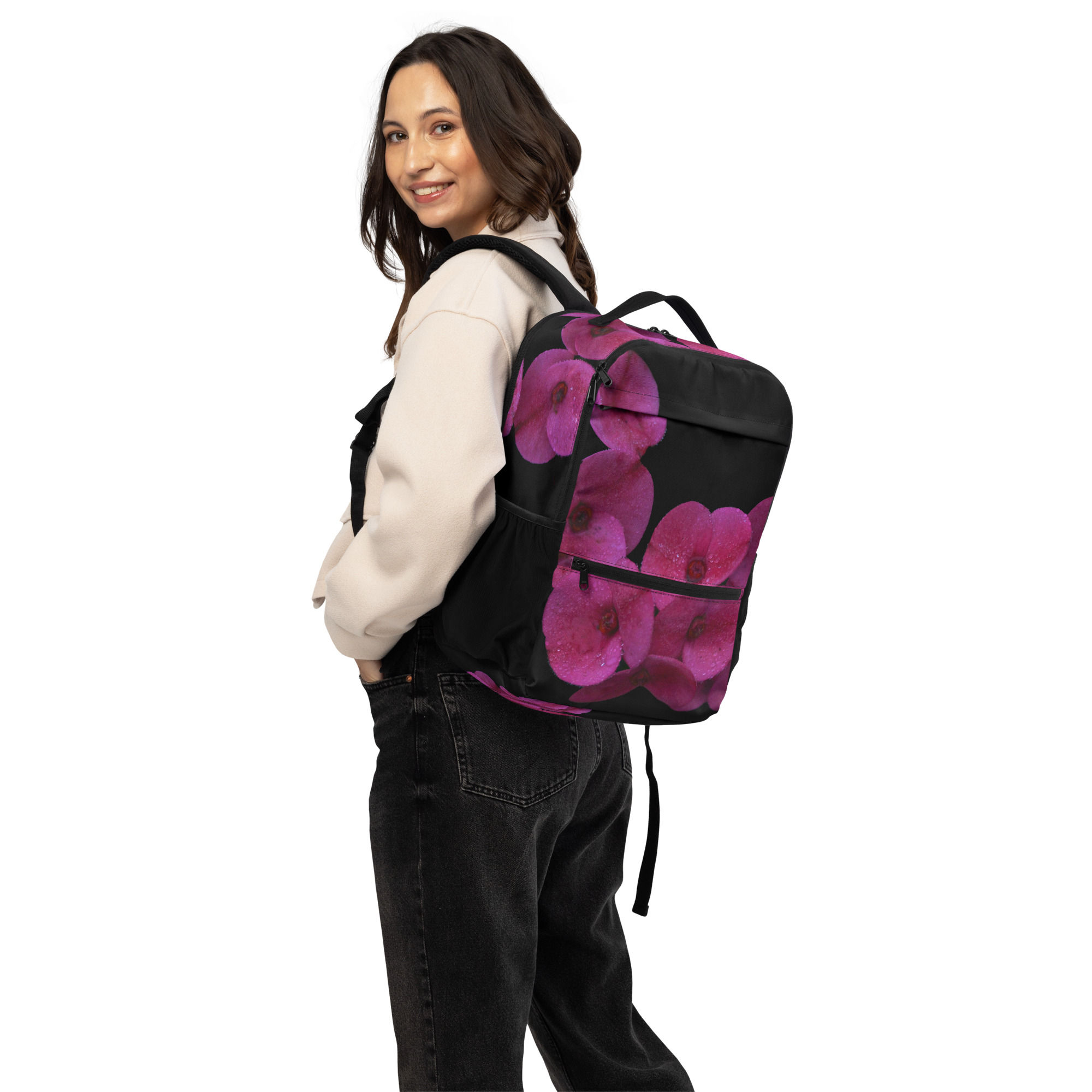 Utility backpack Magenta flower with blacked out background