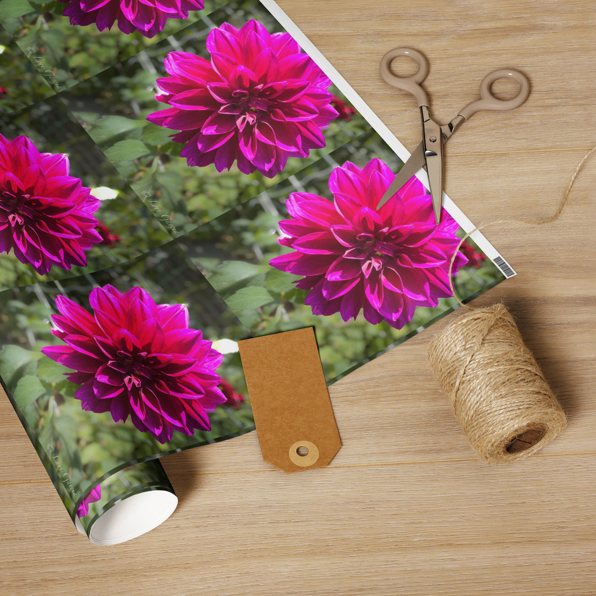 Wrapping paper roll magenta dahlia pattern