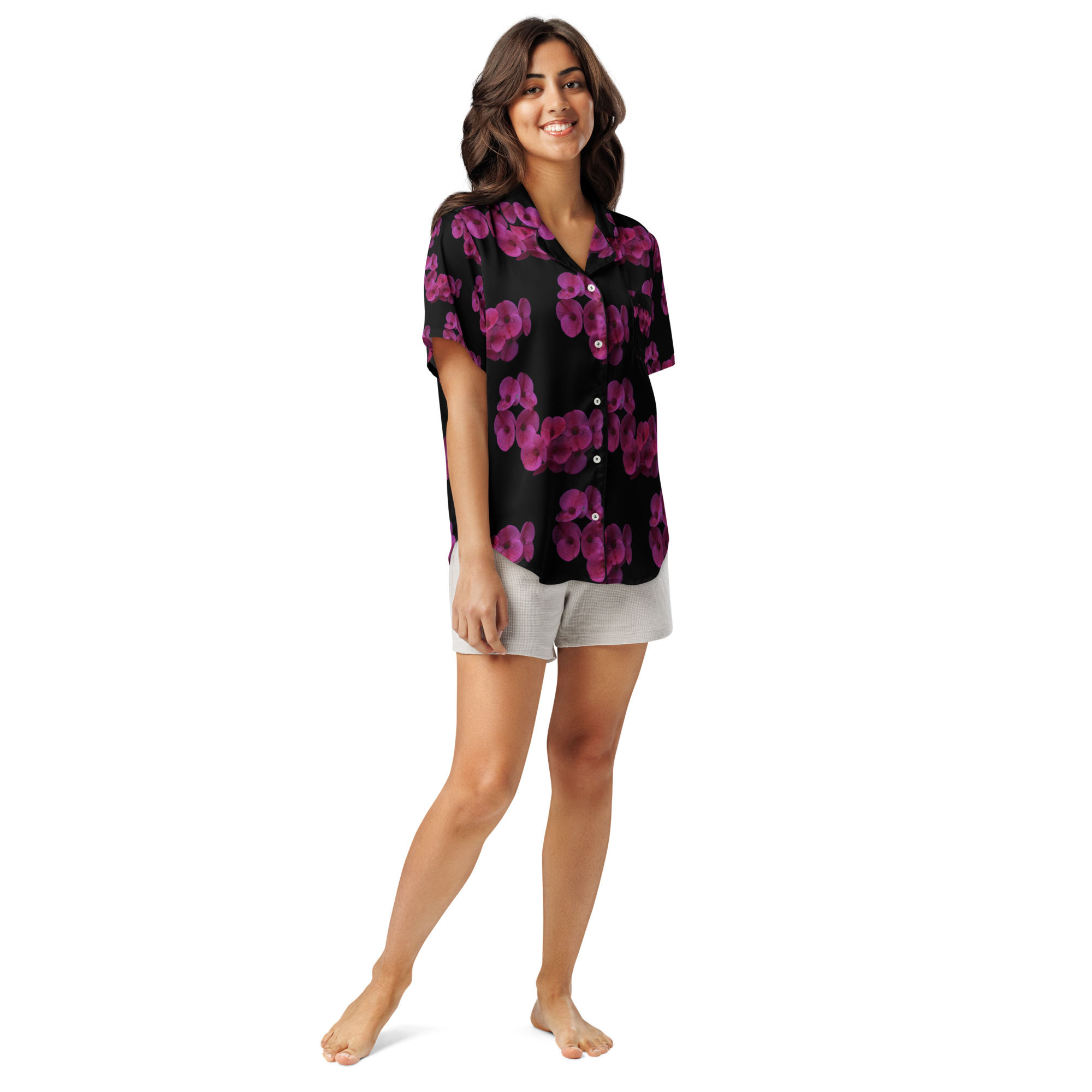 All-over print women’s short sleeve pajama top Magenta flower