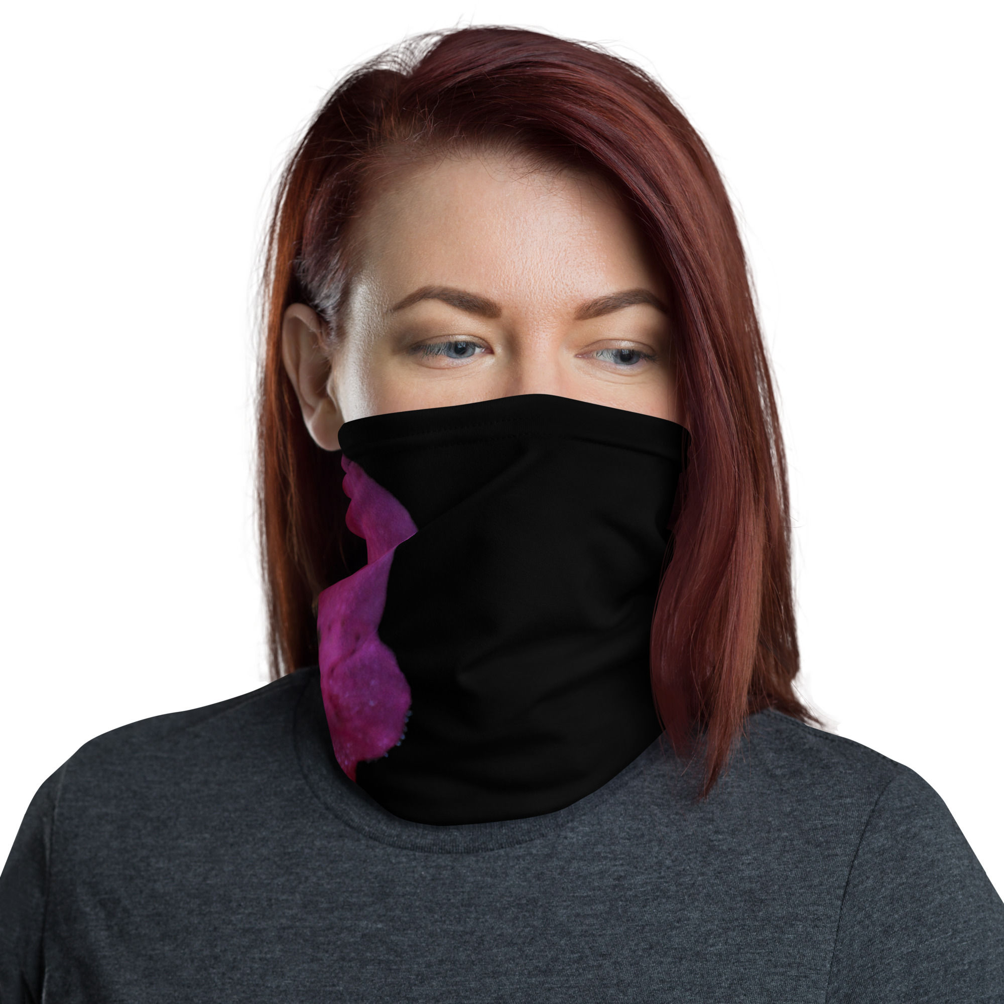 Neck Gaiter Magenta flower with blacked out background