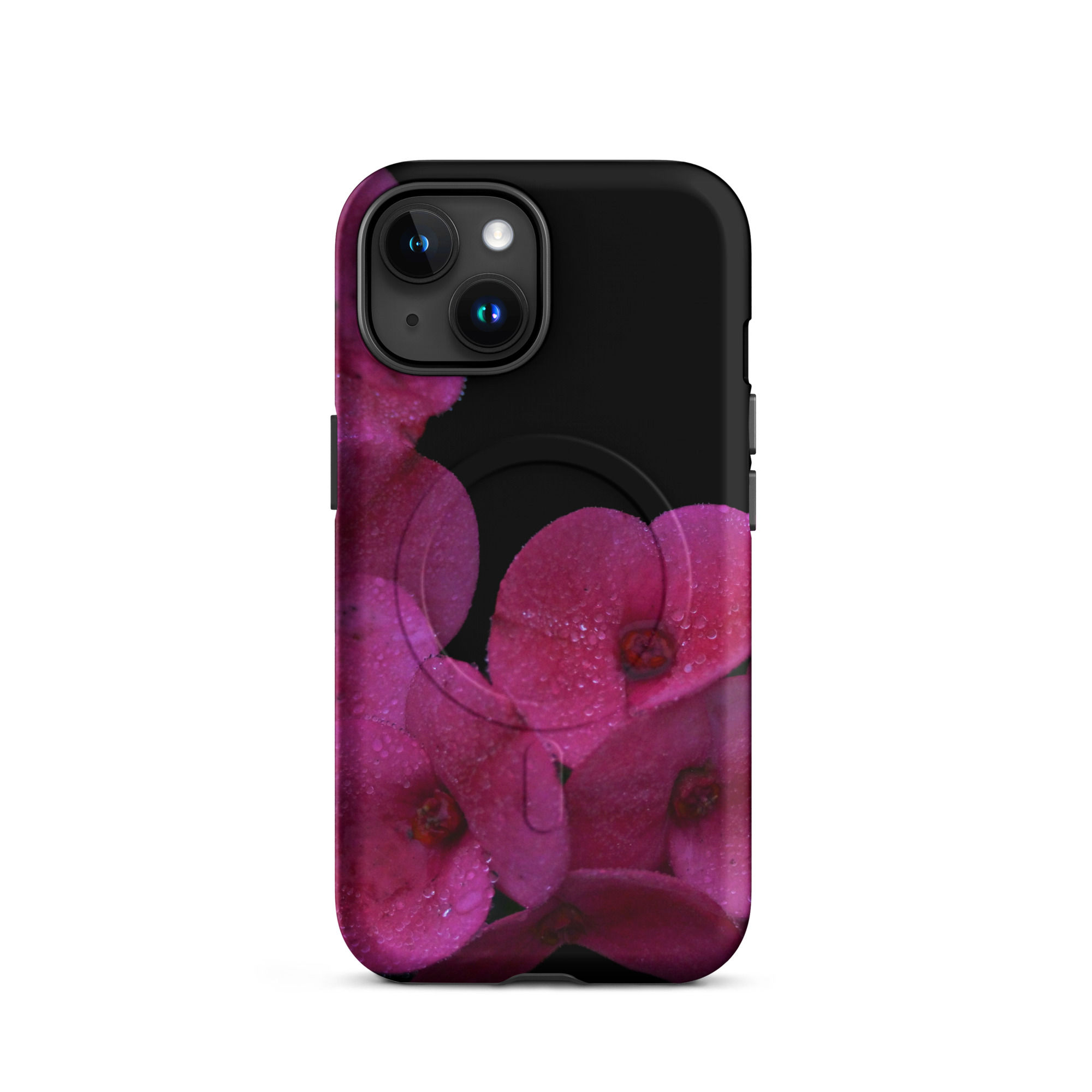 MagSafe® tough case for iPhone® Magenta flower with blacked out background