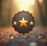 Gold star rating badge with three golden stars on dark scalloped seal, award icon against blurred forest background with boke