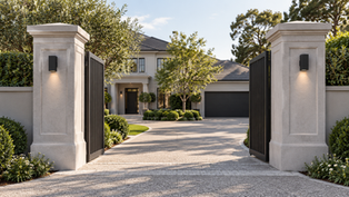 Concrete gate posts framing a residential driveway entrance in Sydney