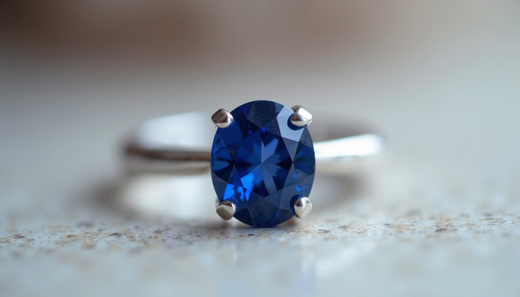 Close-up view of a sapphire ring with deep blue gemstone set in silver band