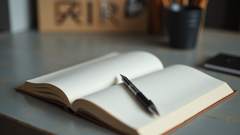 Close-up view of a book open on a desk with notes and a pen
