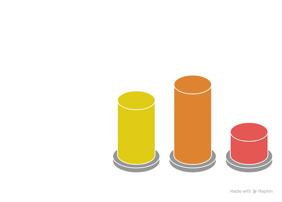 A diagram titled "How Much Will Russian Coal Companies Lose in 2025?" featuring three cylindrical bars on a black background, each representing projected losses. The first bar, labeled "Lower Bound 2025," is yellow with a height of 3.8, indicating the minimum expected losses for 2025. The second bar, labeled "Upper Bound 2025," is orange with a height of 5, representing the maximum expected losses for 2025. The third bar, labeled "First Four Months 2025," is red with a height of 1.4, showing losses in the initial months of 2025. Each bar is accompanied by descriptive text and sits on a gray base.