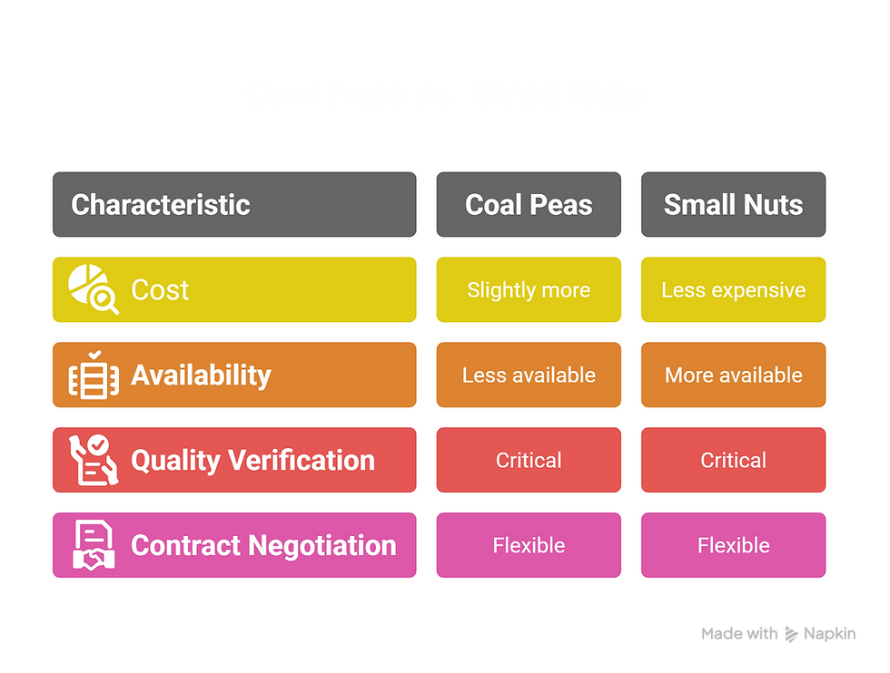 A table titled "Cost and Supply Chain Insights" comparing "Coal Peas" and "Small Nuts" across four characteristics. The "Characteristic" column (gray) lists "Cost" (yellow), "Availability" (orange), "Quality Verification" (red), and "Contract Negotiation" (pink). The "Coal Peas" column shows "Slightly more" (yellow), "Less available" (orange), "Critical" (red), and "Flexible" (pink). The "Small Nuts" column shows "Less expensive" (yellow), "More available" (orange), "Critical" (red), and "Flexible" (pink), with icons next to each characteristic.
