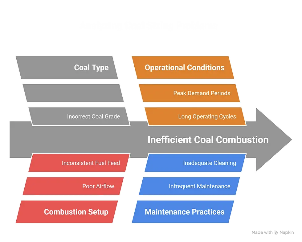 This image, titled "Common Problems With Incorrect Coal Sizing," is a diagram labeled "Analyzing Coal Sizing Problems" on a black background. It features an arrow pointing to "Inefficient Coal Combustion" at the center, with contributing factors branching out. These include:
"Coal Type" (gray) with "Incorrect Coal Grade."
"Operational Conditions" (orange) with "Peak Demand Periods" and "Long Operating Cycles."
"Combustion Setup" (red) with "Inconsistent Fuel Feed" and "Poor Airflow."
"Maintenance Practices" (blue) with "Inadequate Cleaning" and "Infrequent Maintenance." The diagram illustrates how various issues related to coal sizing and management contribute to combustion inefficiency.