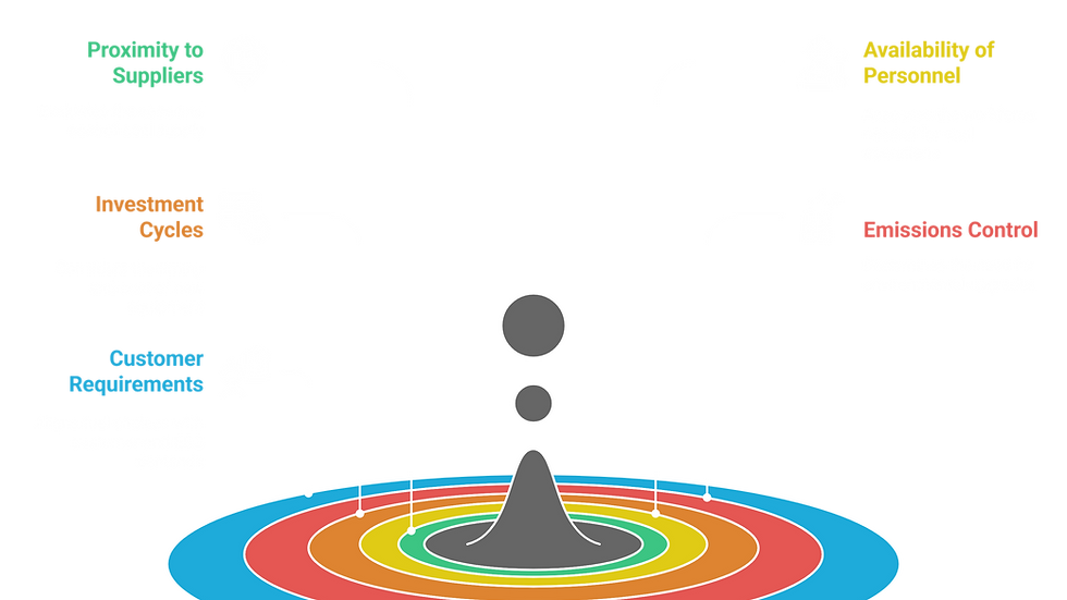 This image is a diagram titled "Factors That Influence Fuel Decisions," illustrating the key elements impacting fuel choice decisions. At the center is a gray droplet with concentric rings in blue, red, orange, yellow, and green, symbolizing layers of influence. Five factors are connected to the central droplet with lines, each accompanied by an icon and detailed description. "Proximity to Suppliers" (green) evaluates the ease and cost of coal supply, marked with a factory icon. "Investment Cycles" (orange) considers the timing and cost of new equipment, indicated by a calendar icon. "Customer Requirements" (cyan) aligns fuel choices with customer and ESG demands, represented by a user icon. "Availability of Personnel" (yellow) assesses the workforce needed for coal operations, shown with a worker icon. "Emissions Control" (red) determines the need for environmental upgrades, depicted with a leaf icon. The diagram is set against a black background, with the source credited as "Made with Napkin" at the bottom.