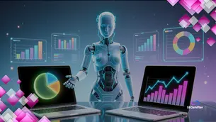 AI-powered digital assistant analysing SEO visibility charts on dual screens with data analytics interface, representing AI-driven SEO strategies by Ian Bann SEOshifter