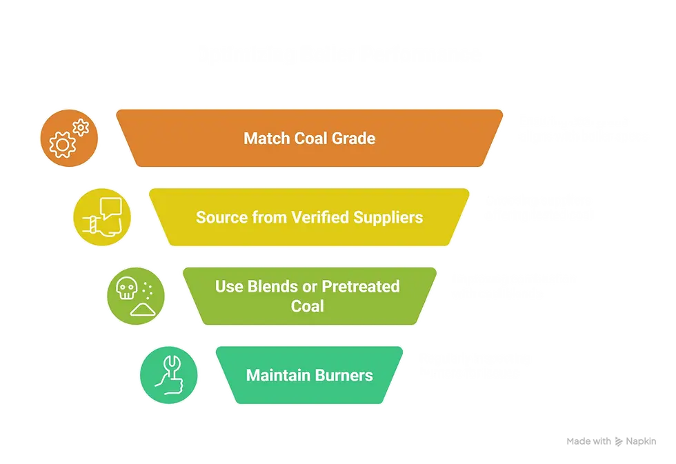This image, titled "How to Fix Coal Quality Issues in Your Boiler," is a diagram labeled "Optimizing Boiler Performance" that outlines a five-step process to improve boiler efficiency. The steps are vertically stacked: the top step, "Match Coal Grade" (orange), features a gear icon and emphasizes aligning coal grade with boiler specs; the second step, "Source from Verified Suppliers" (yellow), includes a speech bubble icon and highlights reliable sourcing; the third step, "Use Blends or Pretreated Coal" (green), has a dust cloud icon and suggests using treated coal for better performance; and the bottom step, "Maintain Burners" (teal), displays a wrench icon and stresses regular maintenance. Each step includes additional text detailing the benefits, set against a black background.