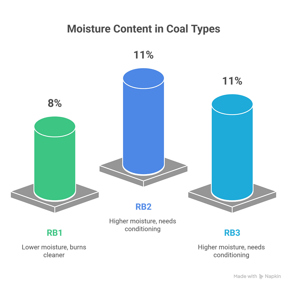 Moisture Levels in RB1, RB2, and RB3 Coal - A chart comparing the moisture content of three coal types: RB1 with 8% (green cylinder), RB2 with 11% (blue cylinder), and RB3 with 11% (light blue cylinder). Labels indicate RB1 as lower moisture coal that burns cleaner, while RB2 and RB3 are higher moisture coals requiring conditioning.