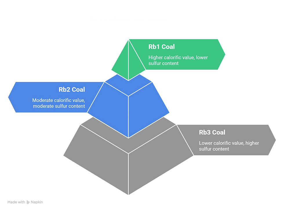 A pyramid diagram titled "South African Coal Grades" showing Rb1 Coal (green) with higher calorific value and lower sulfur content at the top, Rb2 Coal (blue) with moderate calorific value and sulfur content in the middle, and Rb3 Coal (gray) with lower calorific value and higher sulfur content at the base.