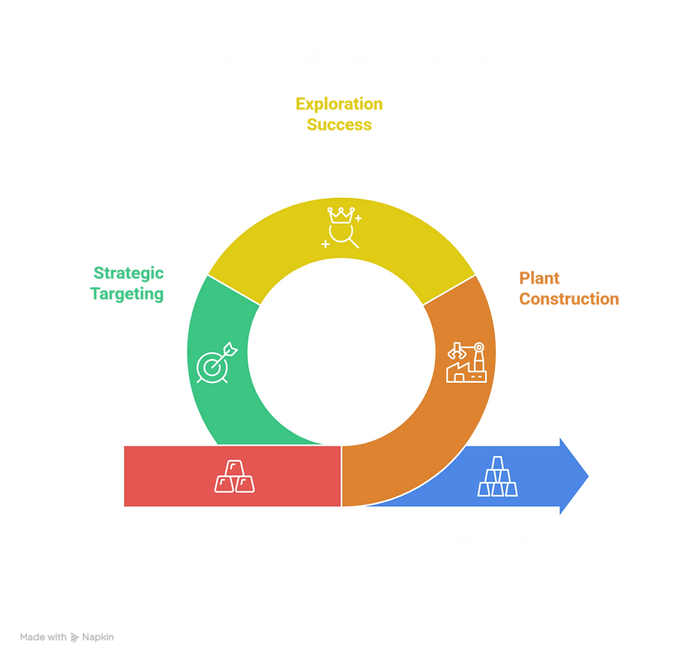 A diagram titled "What This Means for Gold Output in Zimbabwe" illustrates increased gold production due to successful exploration, strategic targeting, and the construction of a 50t/d hillside plant for open-pit and underground mining.