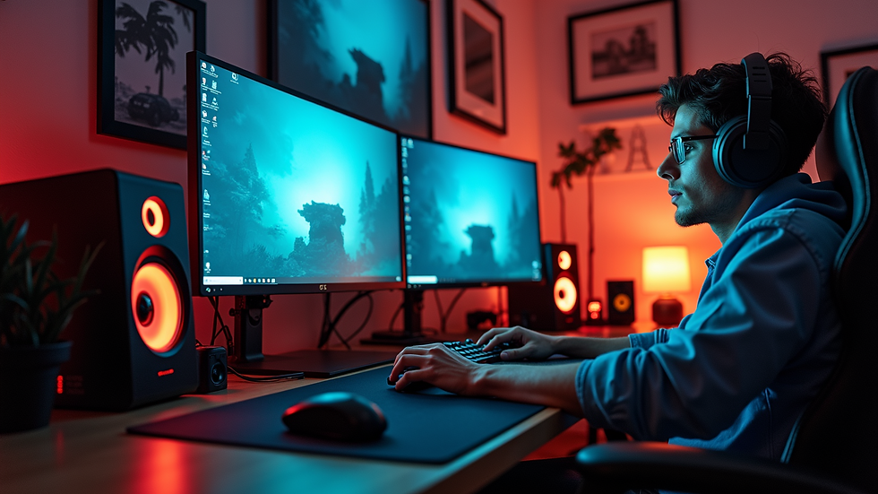 Eye-level view of a well-organized gaming setup in a dedicated space