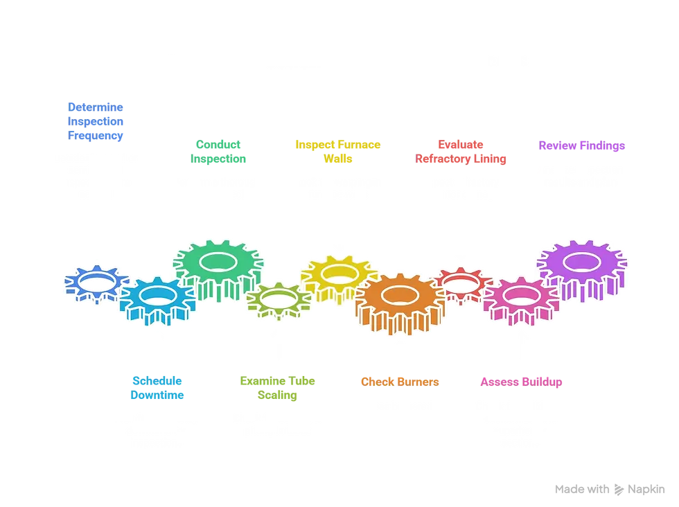 The image is a chart titled "What Should You Check During a Daily Inspection?" It uses a pipeline design with five segments, each in a distinct color (blue, green, lime, cyan, yellow), to outline a daily inspection checklist. The steps are: 01 Check Water Levels (blue, ensuring proper water levels and addressing low conditions), 02 Inspect Gauges and Meters (green, checking for unusual readings or damage), 03 Listen for Strange Noises (lime, identifying unusual sounds indicating issues), 04 Look for Leaks (cyan, inspecting for water or steam leaks), and 05 Verify Airflow and Damper Operation (yellow, ensuring proper airflow and damper functionality). Each step includes additional subtext with specific inspection details, set against a black background with white and colored text.