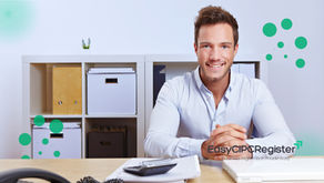A smiling professional in an office setting with a desk, laptop, calculator, and paperwork, branded with "EasyCIPCRegister" and "business registration made easy," including a guide on "How to Deregister a Company from CIPC Online."