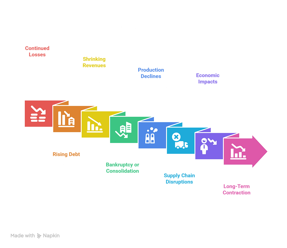 A diagram titled "What Are The Risks If Losses Continue To Grow?" featuring a horizontal sequence of six stages on a black background. The first stage, "Continued Losses," is in red with a downward arrow icon, indicating the coal sector experiences ongoing financial losses. The second stage, "Shrinking Revenues," is in yellow with a bar chart icon, noting revenues decrease, exacerbating financial difficulties. The third stage, "Production Declines," is in blue with a coal mine icon, highlighting coal production decreases, affecting supply. The fourth stage, "Rising Debt," is in orange with a debt symbol icon, stating companies accumulate more debt due to financial strain. The fifth stage, "Bankruptcy or Consolidation," is in green with a building icon, describing firms facing bankruptcy or consolidation under state control. The sixth stage, "Supply Chain Disruptions," is in cyan with a truck icon, indicating the supply chain is disrupted due to production issues. The final stage, "Long-Term Contraction," is in purple with a graph icon, noting the industry faces a long-term decline and reduced competitiveness.