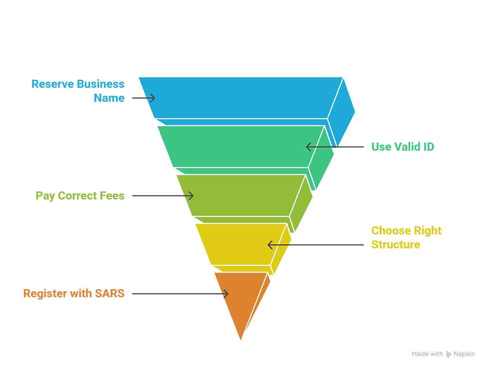 A funnel diagram titled "Business Registration Process Funnel" with five layers, each representing a step: Reserve Business Name (blue) for ensuring name availability, Use Valid ID (green) for verifying ID document validity, Pay Correct Fees (lime) for paying accurate registration fees, Choose Right Structure (yellow) for selecting the appropriate business structure, and Register with SARS (orange) for completing tax registration post-approval.