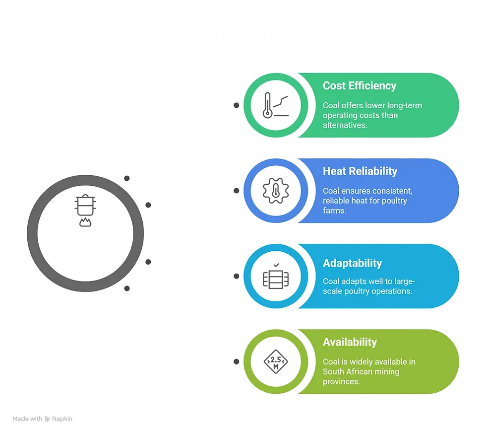 The image, titled "Why Poultry Farms Use Coal for Heating," is an infographic labeled "Exploring Coal Role in Poultry Heating" on a black background. At the center is a circle labeled "Coal in Poultry Heating" with an icon of a heater, from which four branches extend. Each branch represents a benefit:
"Cost Efficiency" (green) with a cost icon, noting coal offers lower long-term operating costs than alternatives.
"Heat Reliability" (blue) with a heat icon, explaining coal ensures consistent, reliable heat for poultry farms.
"Adaptability" (blue) with a building icon, stating coal adapts well to large-scale poultry operations.
"Availability" (green) with a map icon, highlighting coal is widely available in South African mining provinces. The design uses a mix of green and blue colors with simple icons to illustrate each point.