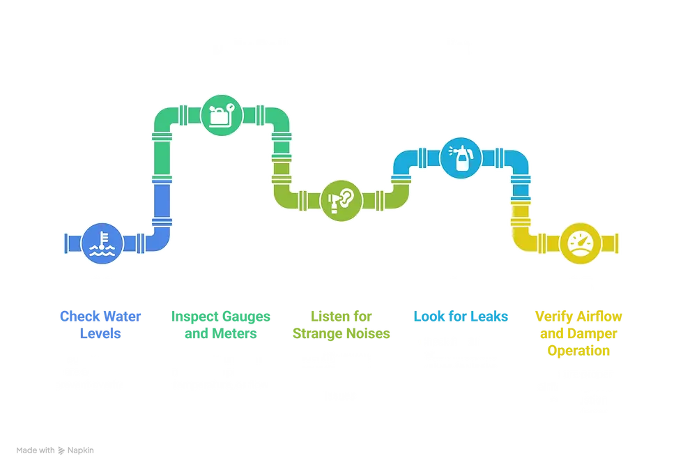 The image is a chart titled "What Should You Check During a Daily Inspection?" It uses a pipeline design with five segments, each in a distinct color (blue, green, lime, cyan, yellow), to outline a daily inspection checklist. The steps are: 01 Check Water Levels (blue, ensuring proper water levels and addressing low conditions), 02 Inspect Gauges and Meters (green, checking for unusual readings or damage), 03 Listen for Strange Noises (lime, identifying unusual sounds indicating issues), 04 Look for Leaks (cyan, inspecting for water or steam leaks), and 05 Verify Airflow and Damper Operation (yellow, ensuring proper airflow and damper functionality). Each step includes additional subtext with specific inspection details, set against a black background with white and colored text.
