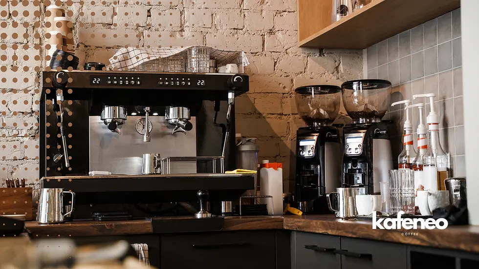 The image, titled "How to Start a Coffee Shop Business in South Africa," depicts a cozy coffee shop interior with a wooden counter where a barista with short hair, wearing an apron, is pouring coffee from a machine into a cup. The background includes shelves stocked with coffee bean bags and a chalkboard menu, creating a warm atmosphere. A small South African flag is visible on the counter, emphasizing the local context. Green circular patterns with dotted textures are overlaid across the image, adding a decorative element.