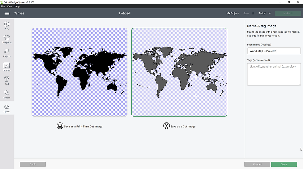 Cricut Design Space "Name & Tag Image" Screenshot